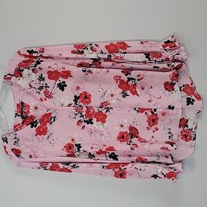 Tahari pink red floral V-neck long sleeves blouse size Medium
